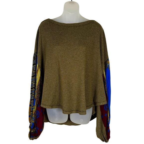 Free People BLOSSOM Oversized Printed Thermal Top Dolman Sleeves Olive Combo M - Picture 9 of 13